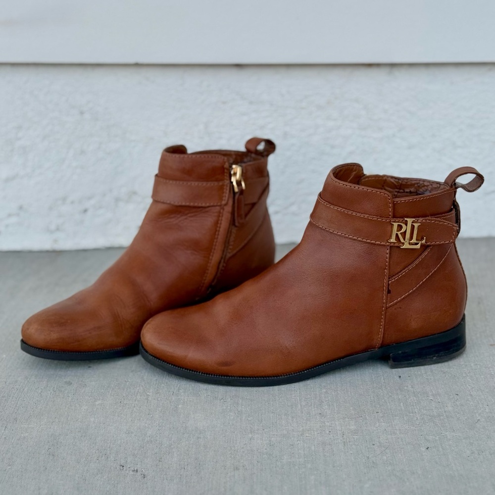 Ralph Lauren Brown Leather Ankle Boots with Gold Accent